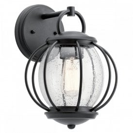 VANDALIA textured black exterior wall light with seeded glass shade