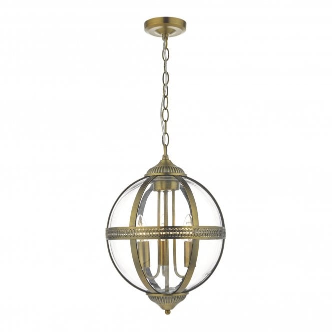 VANESSA 3 light Victorian glass globe ceiing pendant on antique brass fittting