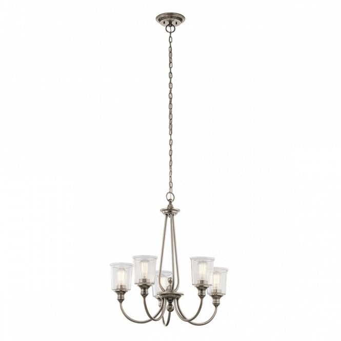 WAVERLY 5 light chandelier in classic pewter with seeded glass shades