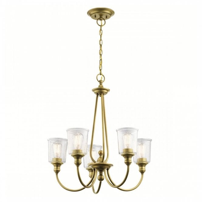 WAVERLY 5 light chandelier in natural brass with seeded glass shades