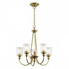 WAVERLY 5 light chandelier in natural brass with seeded glass shades