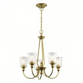 WAVERLY 5 light chandelier in natural brass with seeded glass shades