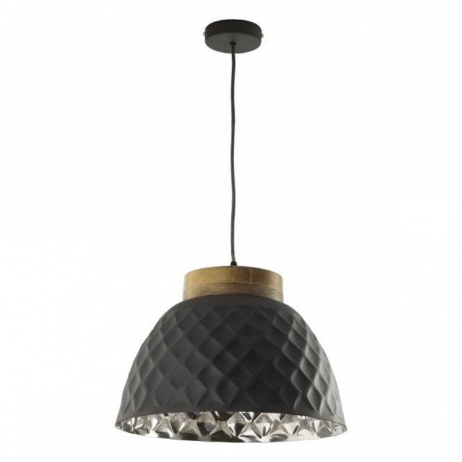 WAZIR dark grey ceiling pendant with reflective aluminium inner and mango wood detailing