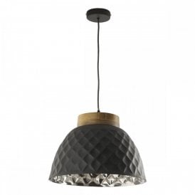 WAZIR dark grey ceiling pendant with reflective aluminium inner and mango wood detailing