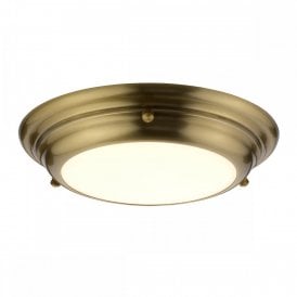WELLAND MINI IP54 flush fitting LED low ceiling light in aged brass