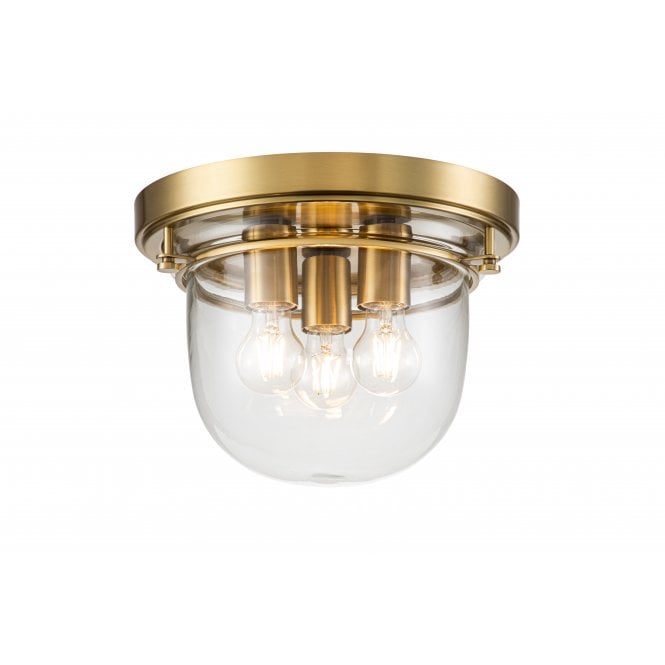 WHISTLING 3 Light Bathroom Flush Mount Brushed Brass | Dome Glass Shade
