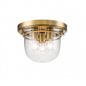 WHISTLING 3 Light Bathroom Flush Mount Brushed Brass | Dome Glass Shade