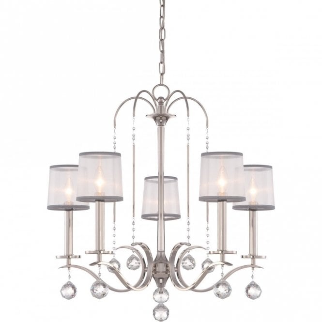 WHITNEY Edwardian imperial silver 5 light chandelier with sheer white organza shades