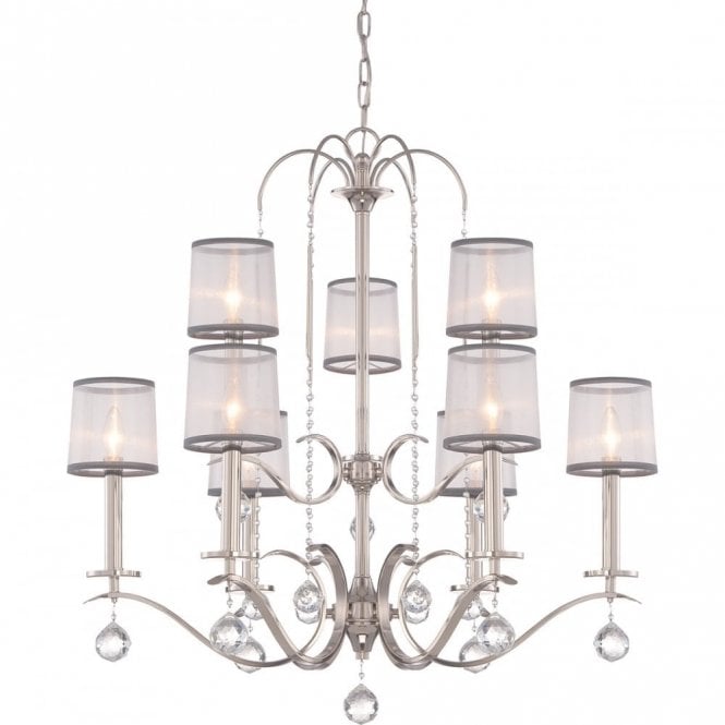 WHITNEY Edwardian imperial silver 9 light chandelier with sheer white organza shades
