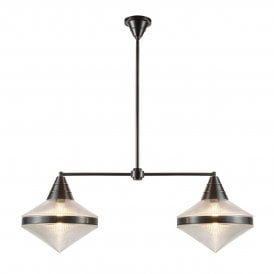 a modern two light linear pendnat bar light in urban bronze finish with prismatic glass shades 