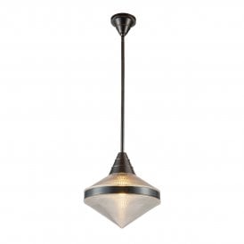 modern ceiling pendant in an urban bronze finish with prismatic glass shade