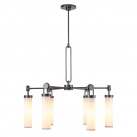 A modern 6 light chandelier with 6 opal glass cylindrical shades