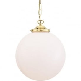 YEREVAN classic white glass globe ceiling pendant on polished brass fitting -medium