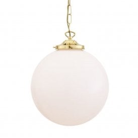 YEREVAN classic white glass globe ceiling pendant on polished brass fitting -medium