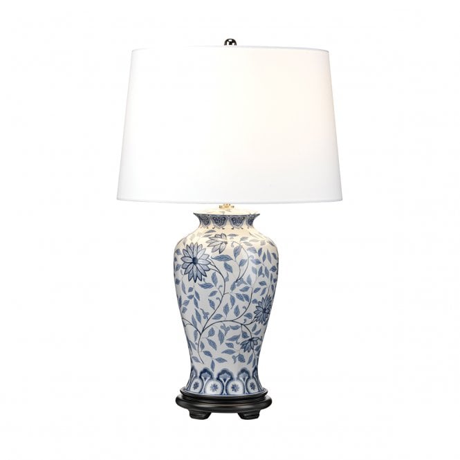 YING Blue and White Ceramic Table Lamp with White Tapered Drum Shade
