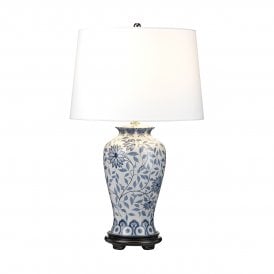 Blue and White Ceramic Table Lamp with White Tapered Drum Shade