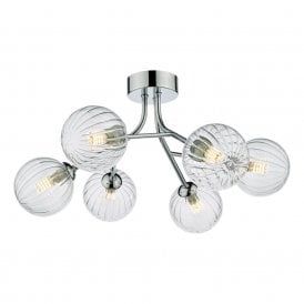 YISKA 6 Light Semi Flush Polished Chrome Ribbed Glass